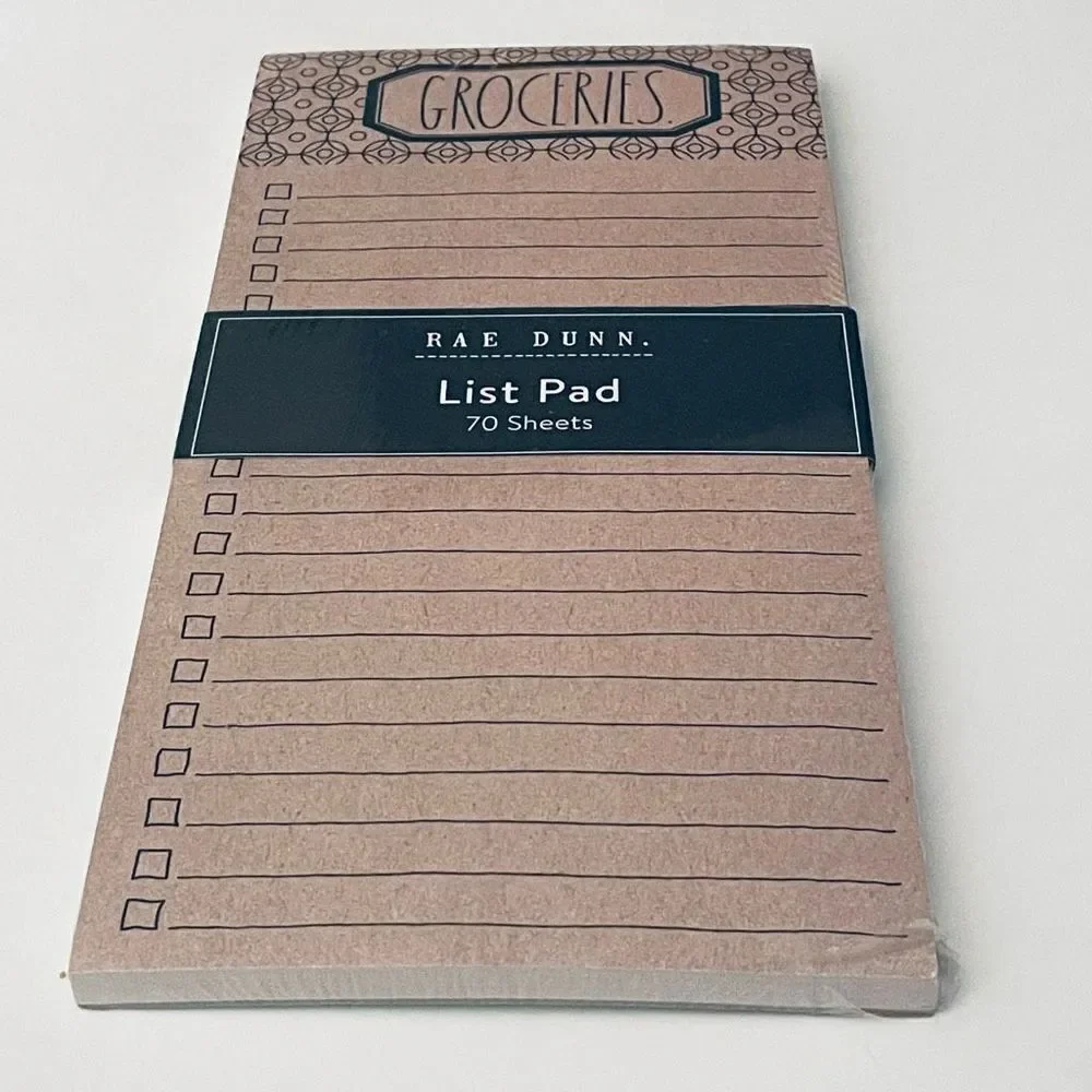 NWT Rae Dunn Tan GROCERIES Notepad with Printed ruled checklist spaces 70 Sheets